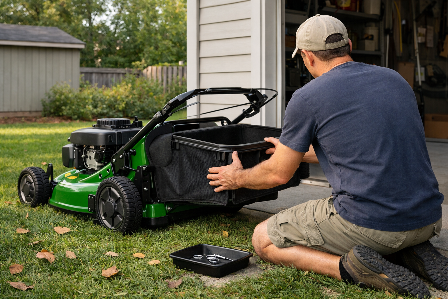 Homeowner attaches a rear grass catcher to a John Deere push mower beside an open garage in a suburban yard.