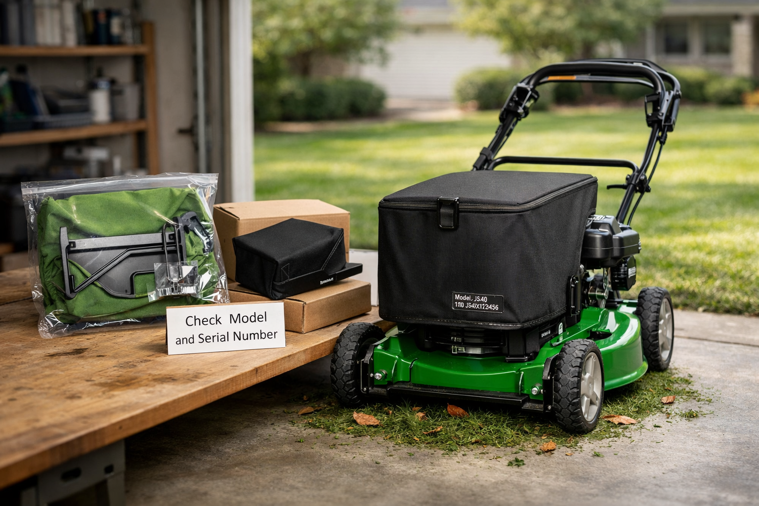 John Deere push mower with bagger centered in a garage, with compatible catcher kits, model label, and checking card on a workbench.
