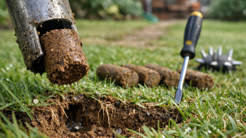 why aerate your lawn: hollow-tine aerator lifts a clay soil plug, exposing roots and compacted turf; plugs line the grass.