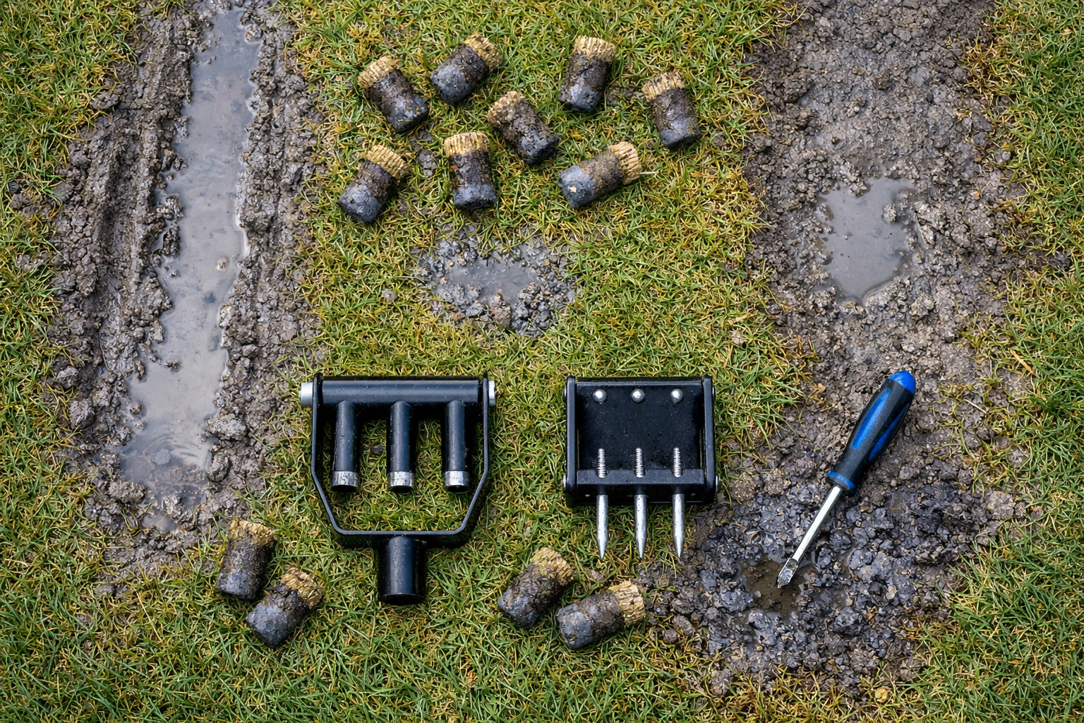 Flat-lay of clay soil plugs, shallow roots, puddles, screwdriver, and aerators showing why aerate your lawn may not help.