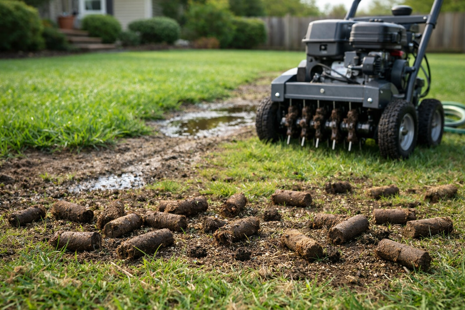 Core aerator, soil plugs, and scattered seed repair a suburban lawn; why aerate your lawn is shown beside compacted turf.