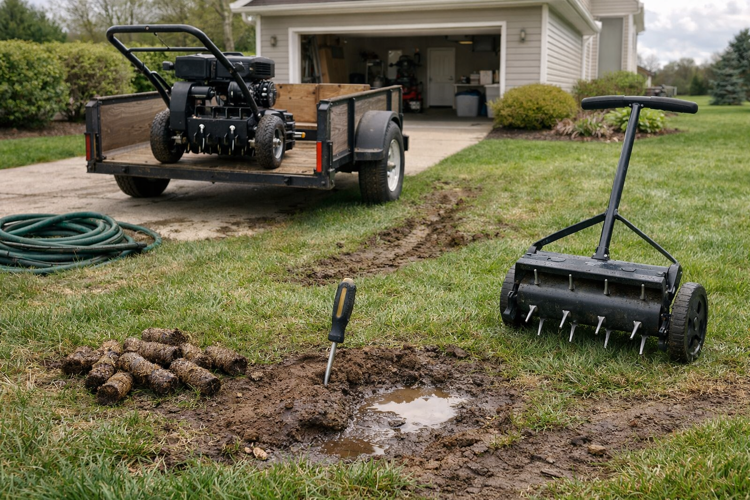 Core and spike aerators beside soil plugs and clay test spot in a suburban yard, illustrating why aerate your lawn.