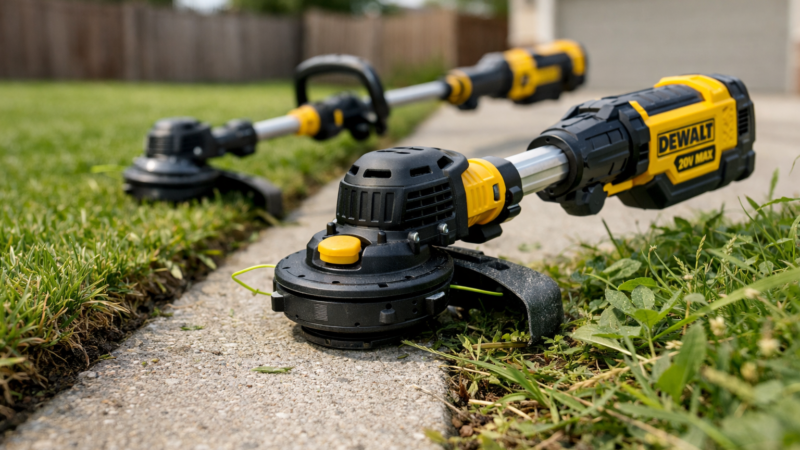 DeWalt weed trimmer comparison edging a driveway, with yellow-and-black trimmers beside freshly cut grass and weeds