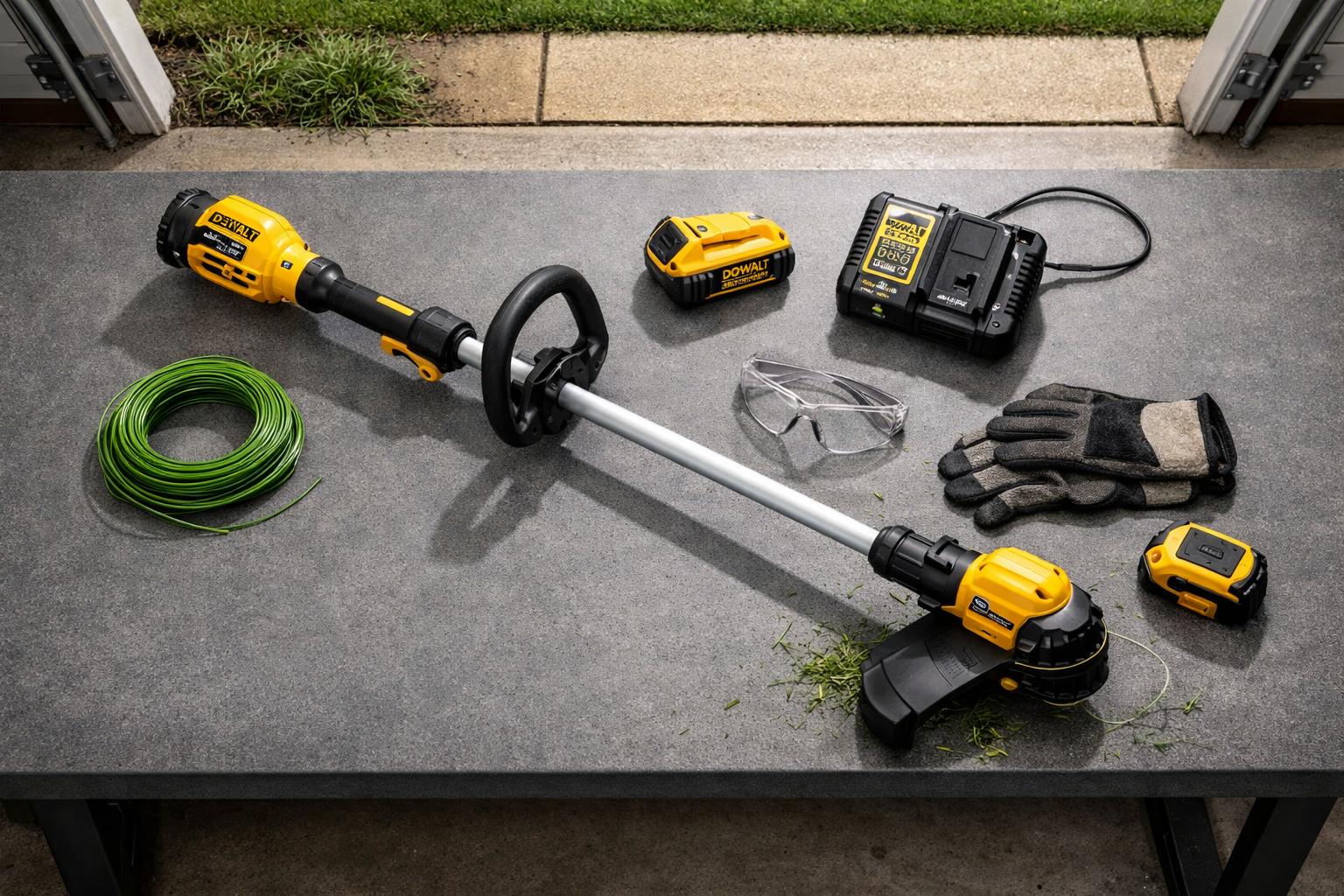 Overhead flat lay of a DeWalt weed trimmer, batteries, charger, safety gear, and line spool on a garage workbench.