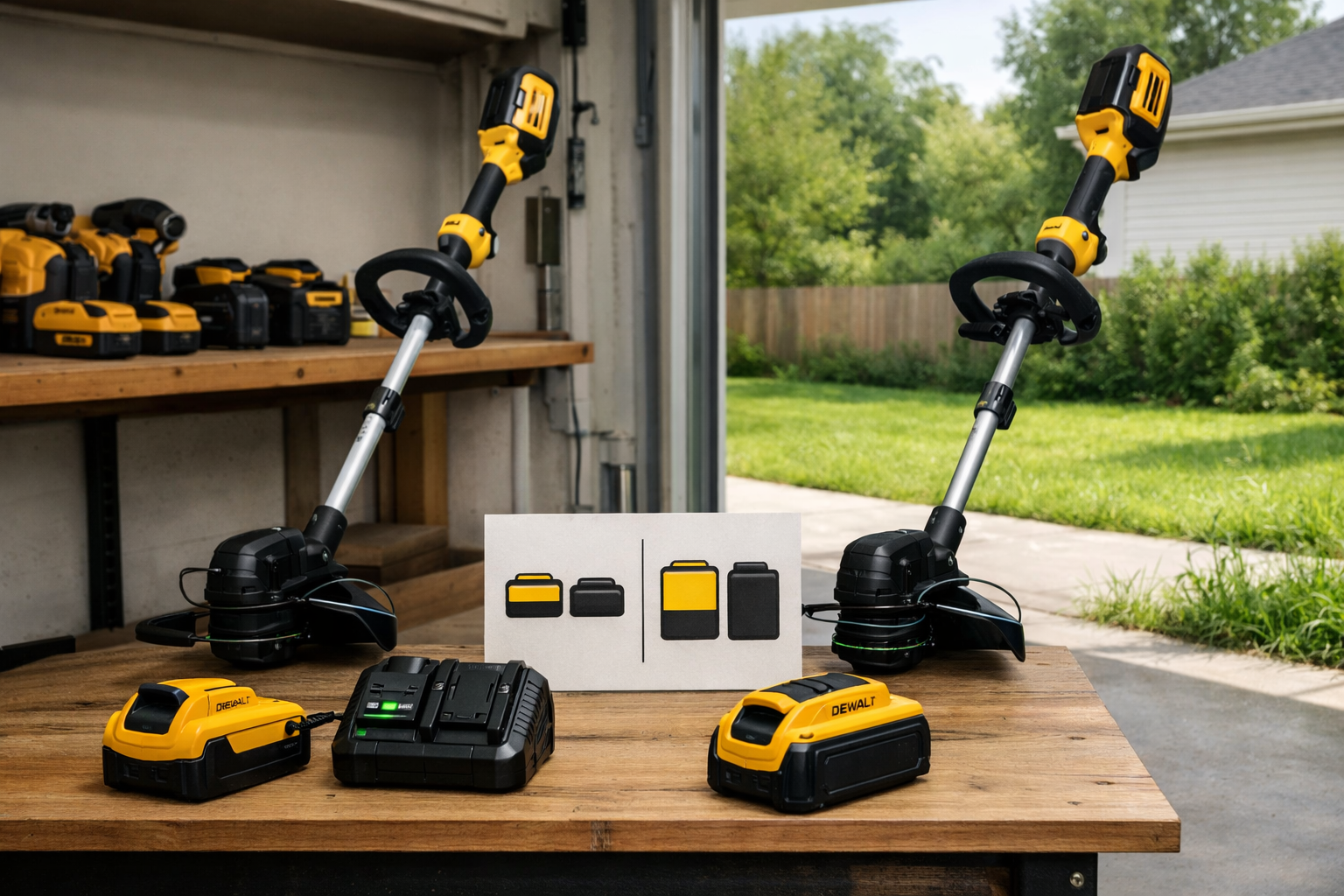 DeWalt weed trimmer battery compatibility display with two trimmers, batteries, charger, and suburban lawn visible in a garage.