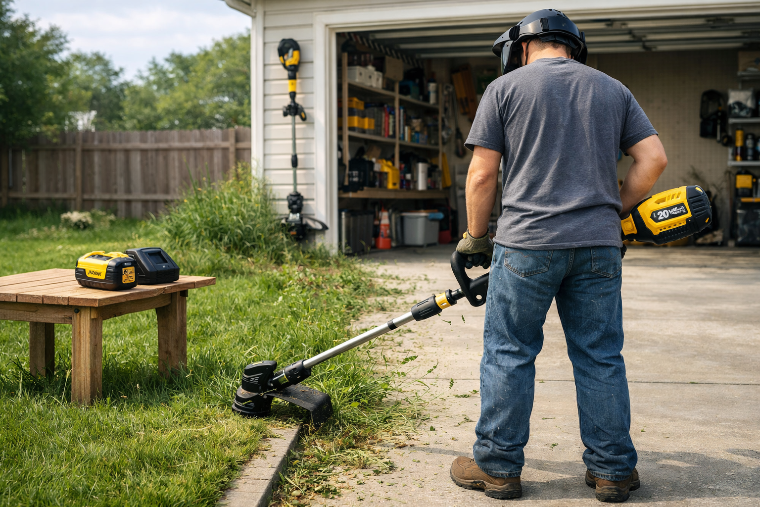 Homeowner using a DeWalt weed trimmer along a crabgrass border, with spare battery and charger on a garage workbench.