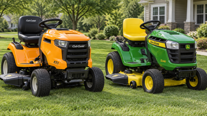 Orange Cub Cadet and green-and-yellow John Deere riding mowers side by side on a lawn, compared in a cub cadet vs john deere review.