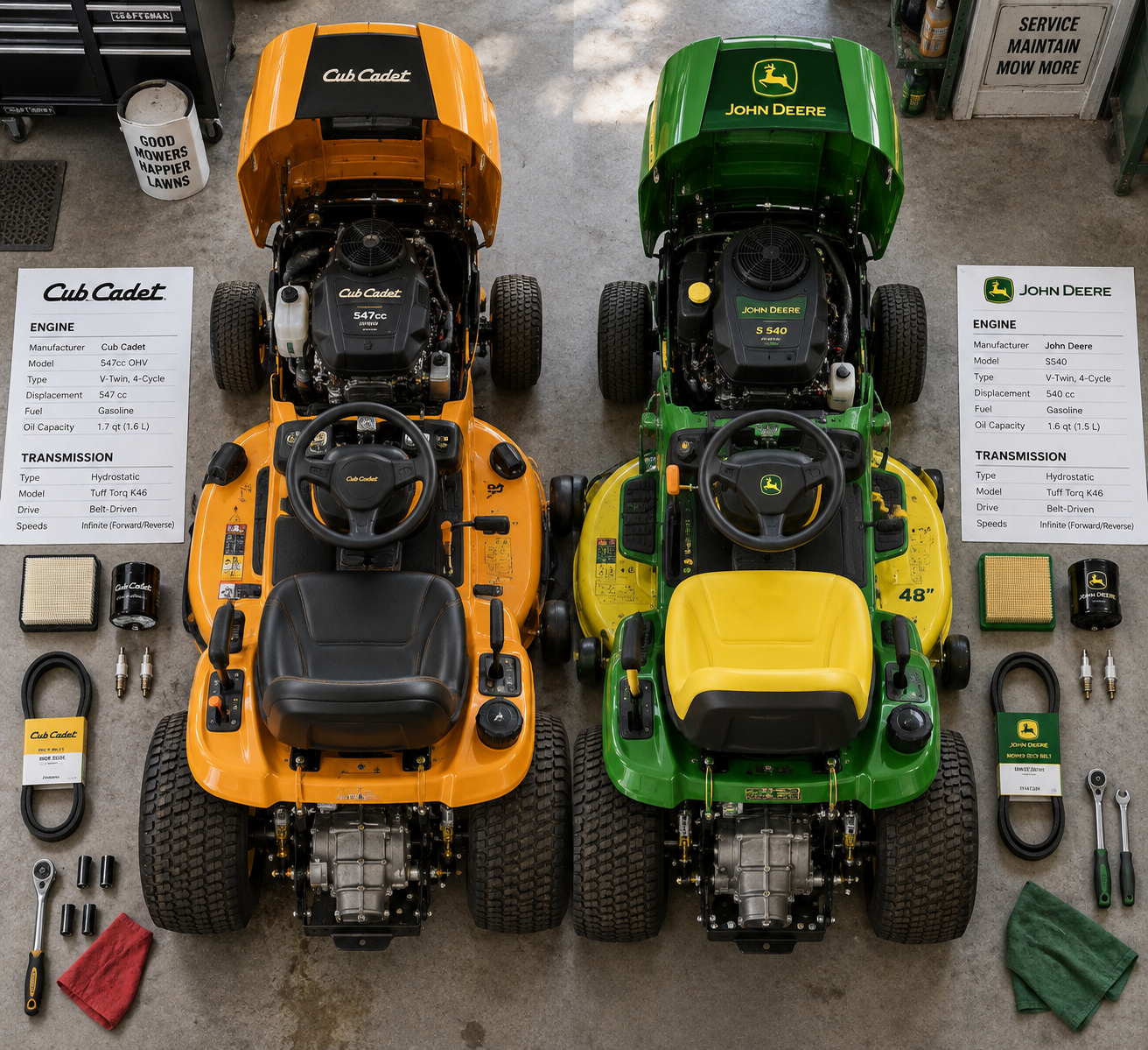 Bird’s-eye view of orange Cub Cadet and green-and-yellow John Deere mowers side by side with raised hoods, spec sheets, and tools—a cub cadet vs john deere comparison.