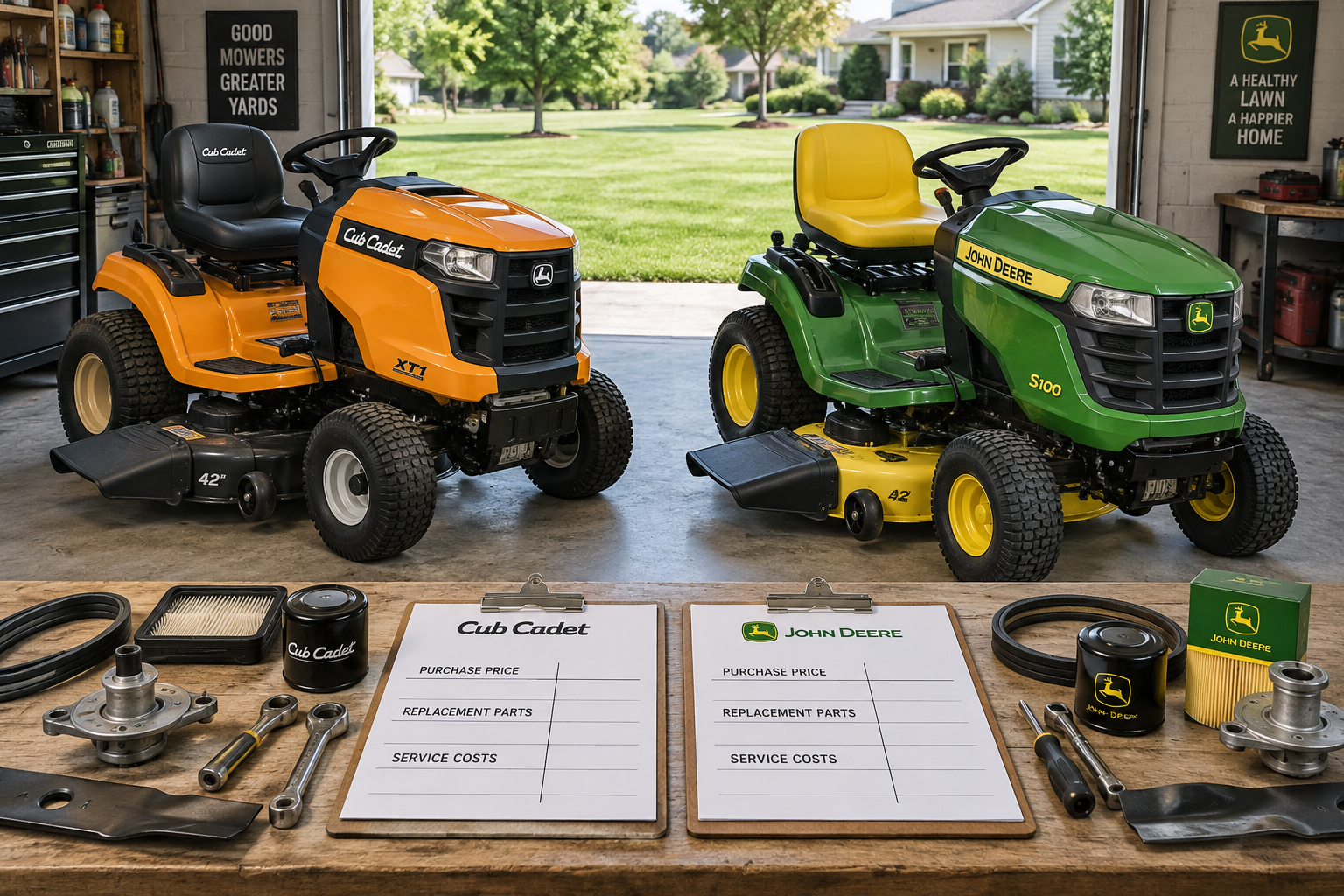 Cub Cadet vs John Deere riding mowers in a tidy service bay, with parts and cost-comparison clipboards on a workbench.