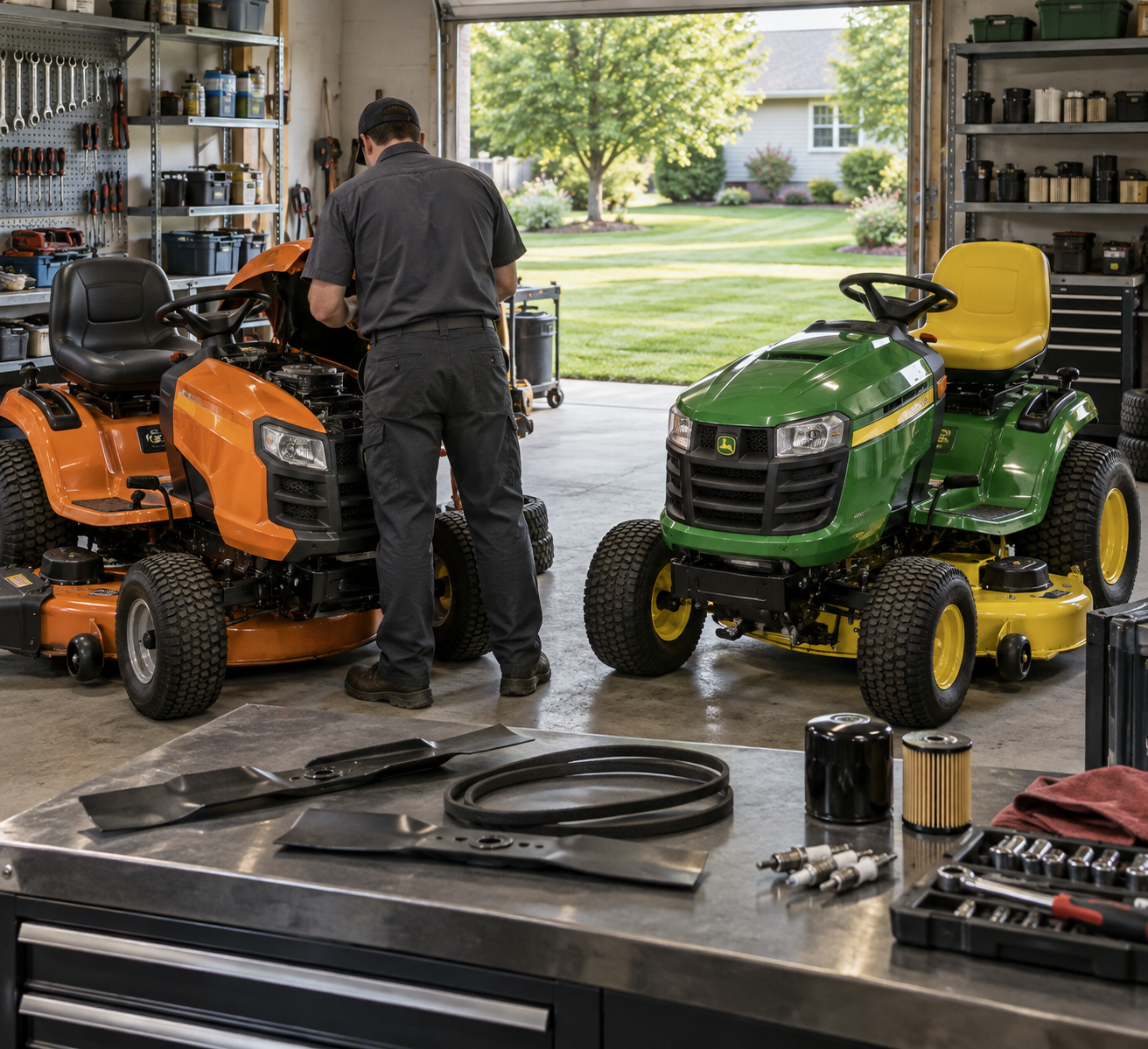 Cub Cadet vs John Deere riding mowers side by side in a tidy service bay as a technician checks one machine.