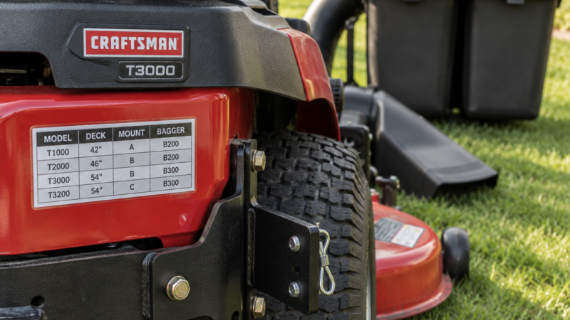Craftsman mower model decal and bagger brackets in focus, with a grass catcher for craftsman riding mower softly blurred behind.