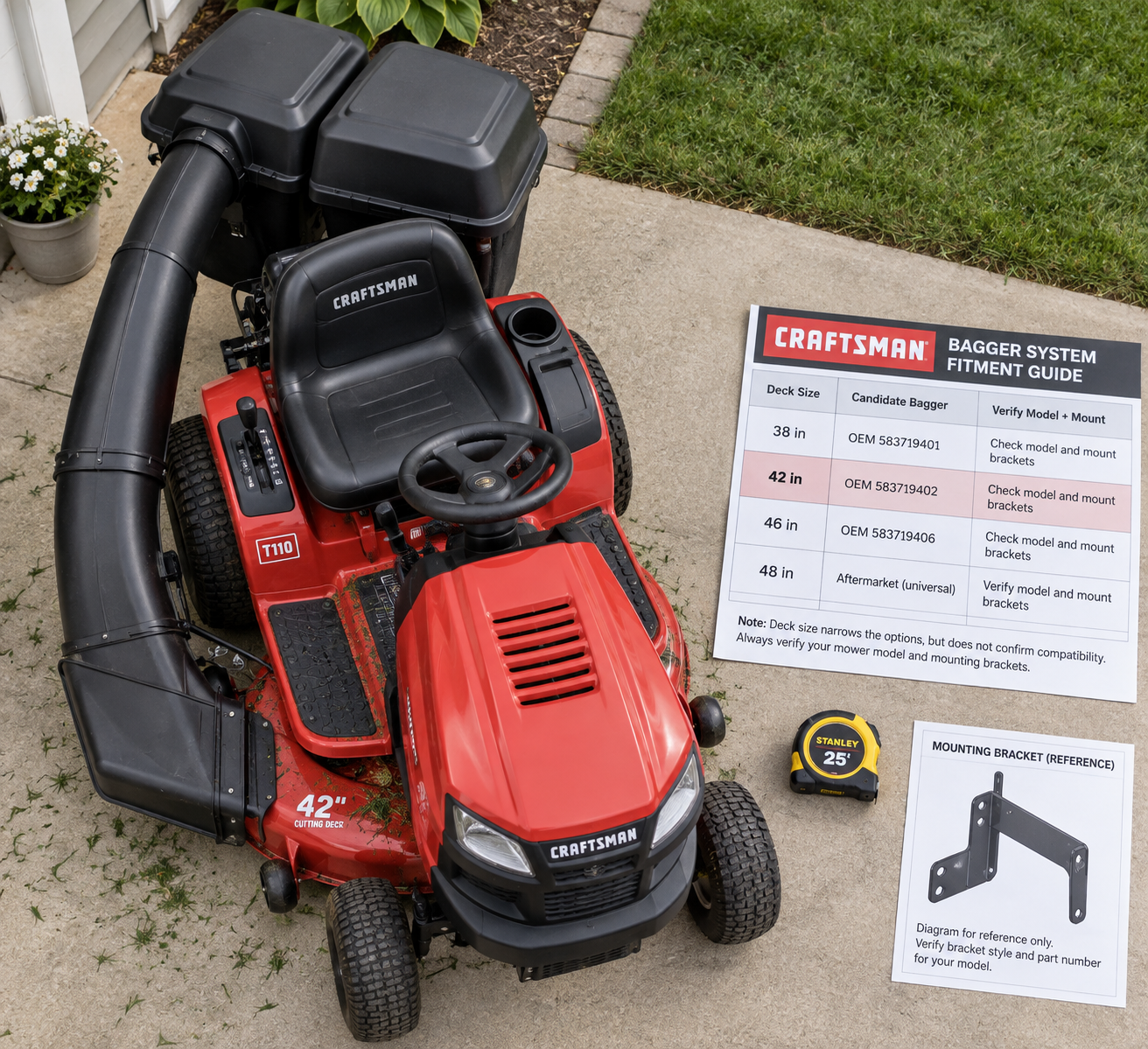 Overhead view of a Craftsman riding mower beside a chart comparing grass catcher for craftsman riding mower fitment by deck size.