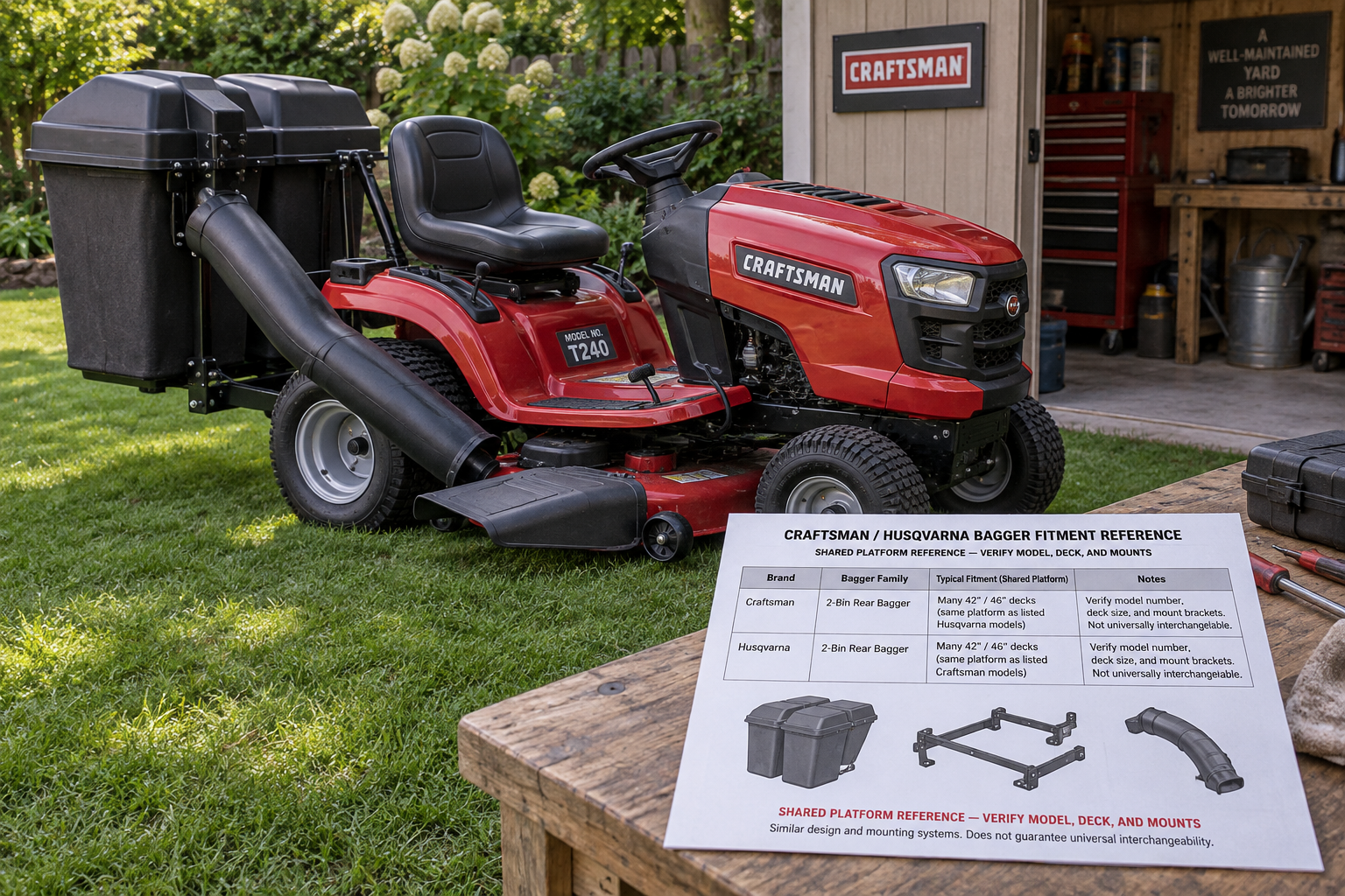 Craftsman riding mower with rear twin-hopper grass catcher for craftsman riding mower beside a fitment chart warning to verify model, deck, and mounts.
