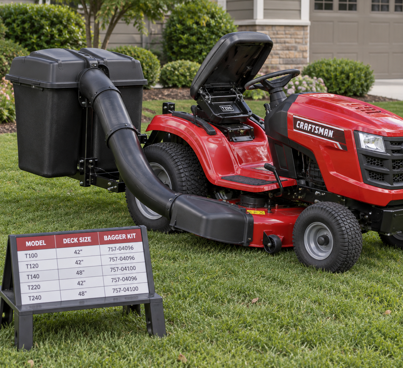 Craftsman riding mower with a mounted grass catcher for craftsman riding mower on a tidy lawn, showing the deck chute and rear hoppers.