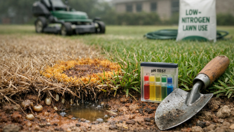 Macro view of centipede decline: brown and green turf, exposed roots, pests, disease ring, pH kit, trowel, mower, and fertilizer.