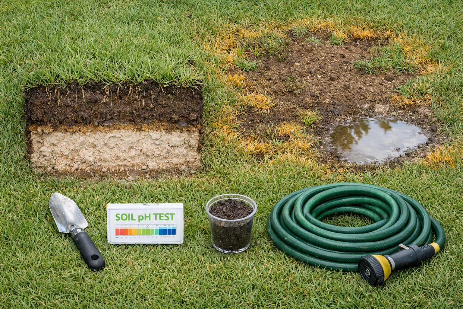 Overhead centipede decline lawn station with exposed roots, compacted clay, puddle, pH kit, soil cup, trowel, and hose.