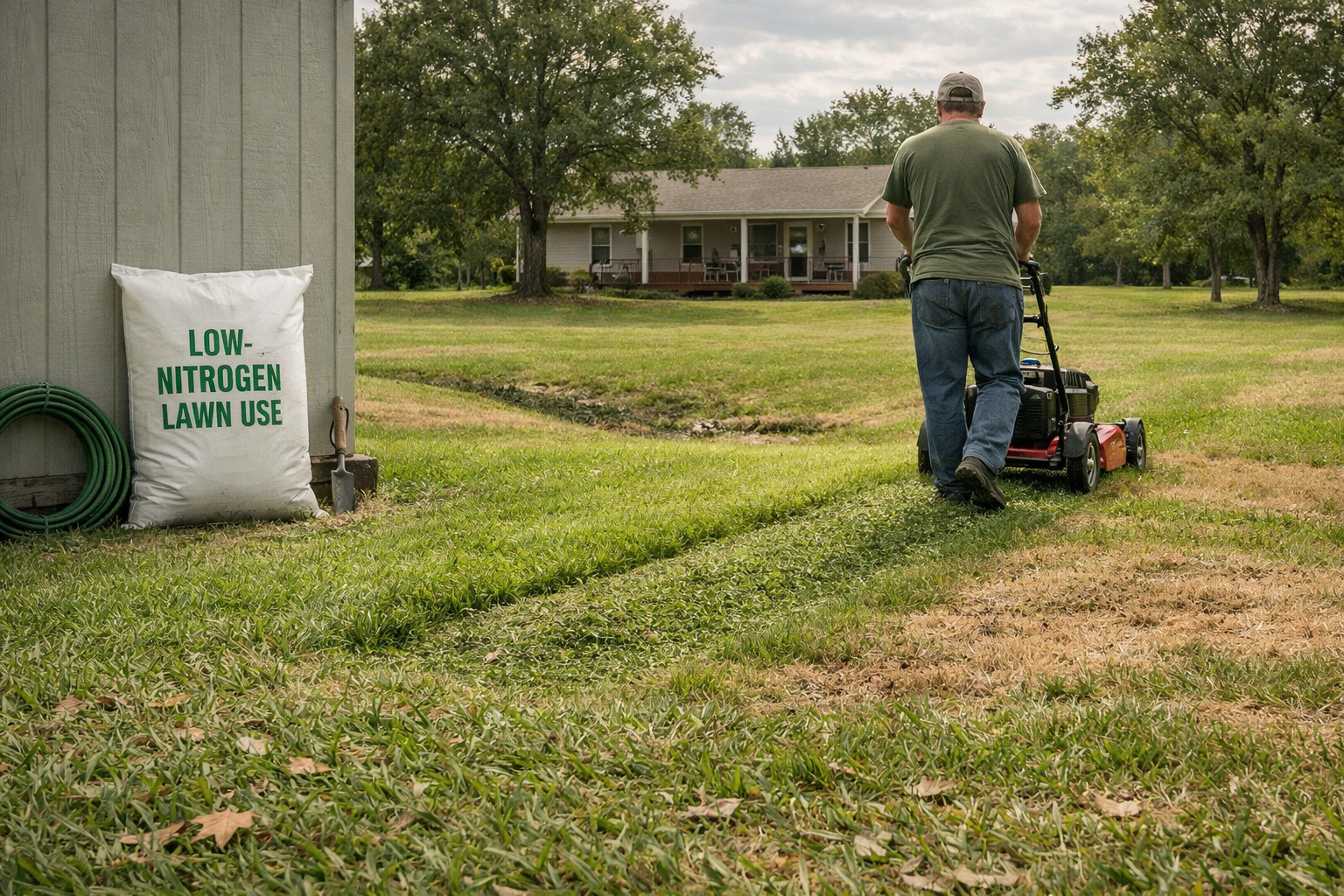 Homeowner mows centipede grass at proper height over brown patches, illustrating centipede decline in a Southeastern yard.