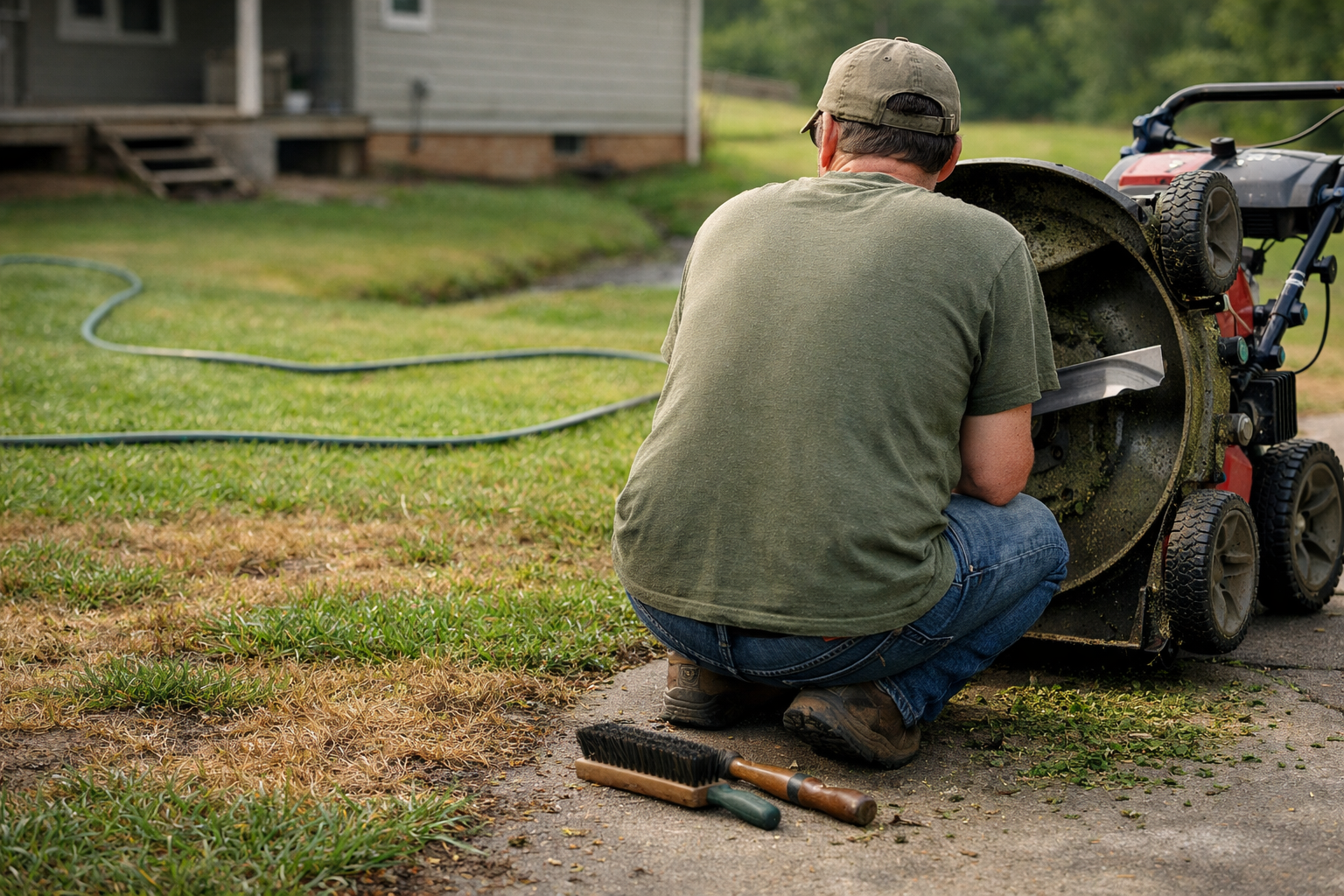 Homeowner cleans a mower beside brown and green centipede grass, addressing centipede decline after humid mowing.