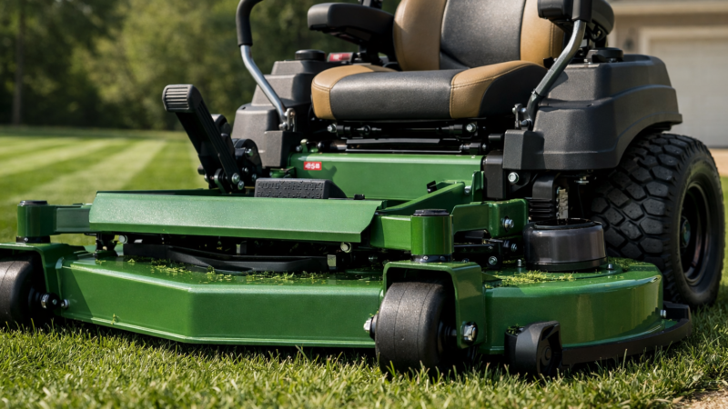 Scag zero turn Liberty Z mower deck and lap-bar controls close-up on a freshly striped suburban lawn.