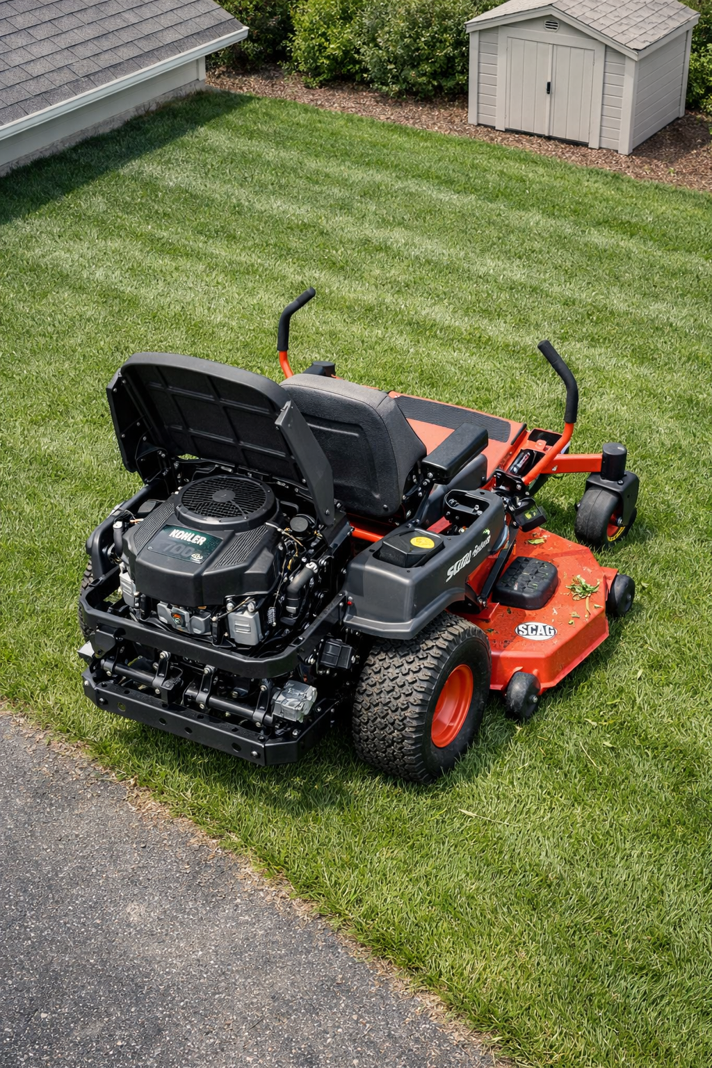 Overhead view of a scag zero turn liberty z mower with raised engine cover on freshly mowed suburban lawn.