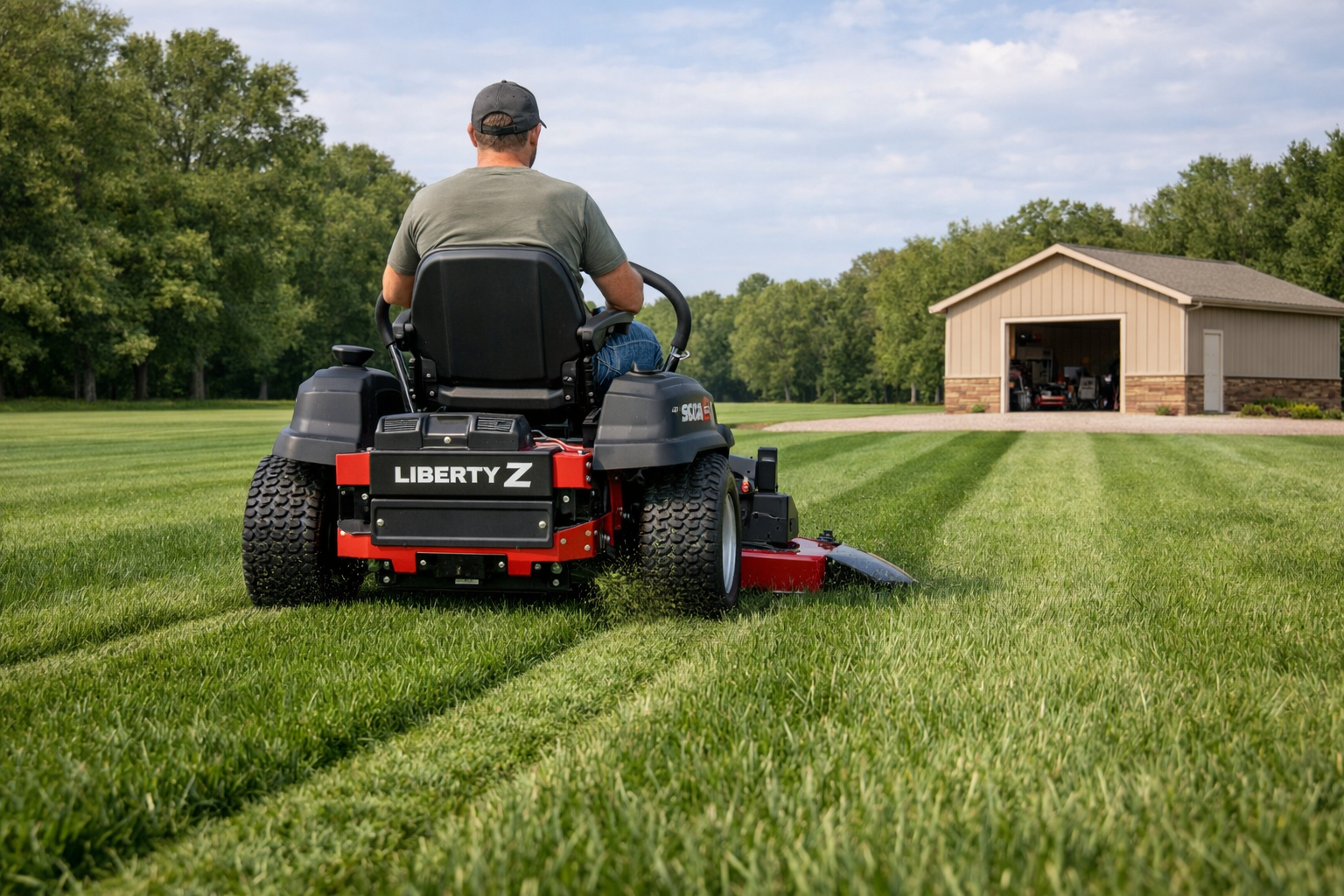 Scag zero turn liberty z mowing a broad suburban lawn, viewed from behind with fresh turf stripes and a garage beyond.