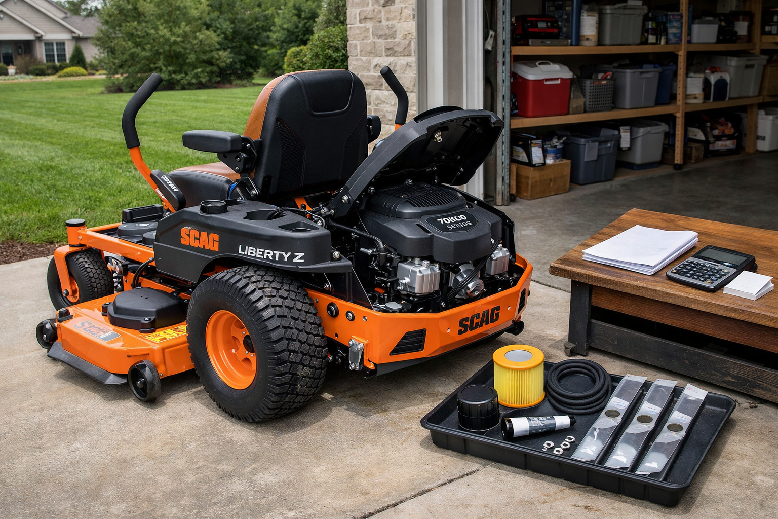 Scag zero turn liberty z parked beside an open garage, engine exposed, with maintenance supplies on a clean concrete pad.