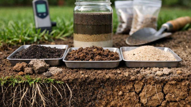 Soil comparison trays and layered testing jar beside grass roots, highlighting loam soil for grass in a lawn workspace.