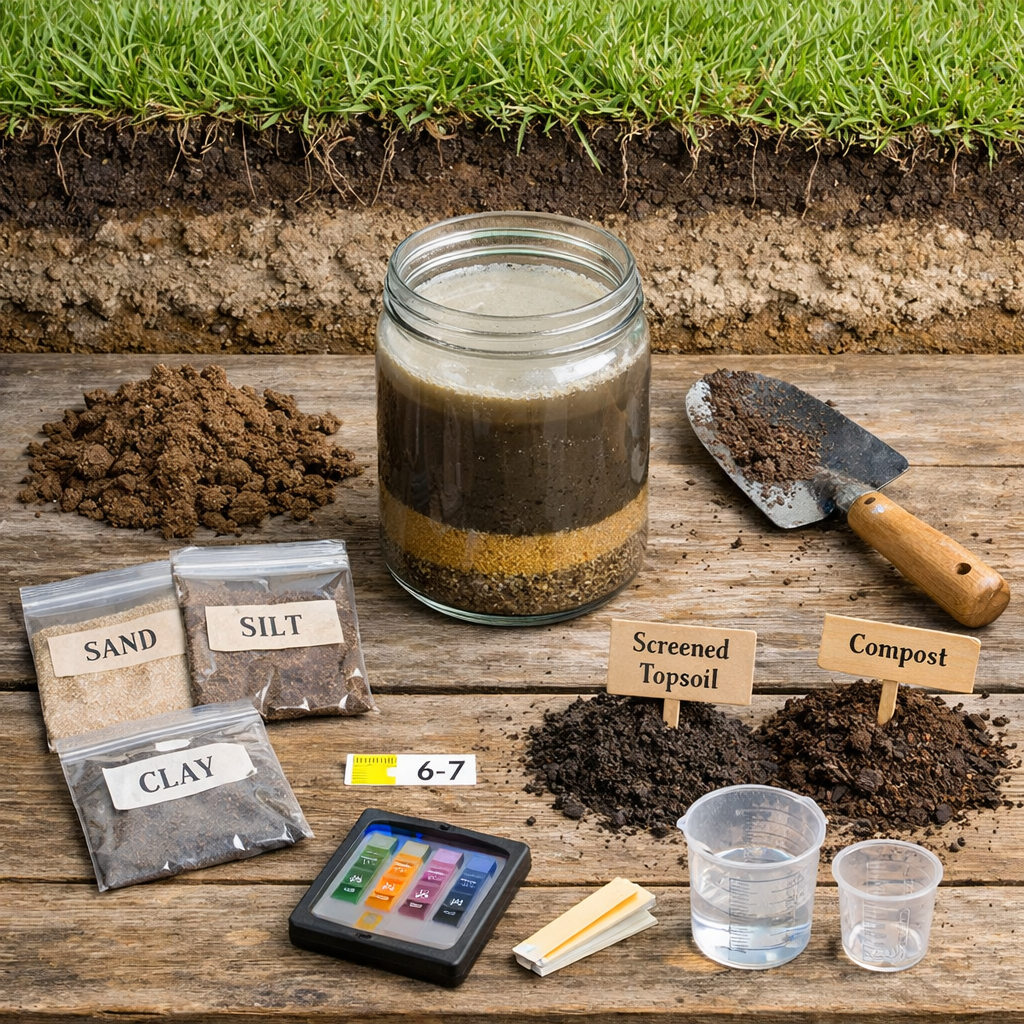 Bird’s-eye lawn workspace with a soil jar showing sand, silt, and clay layers, tools, samples, and loam soil for grass.