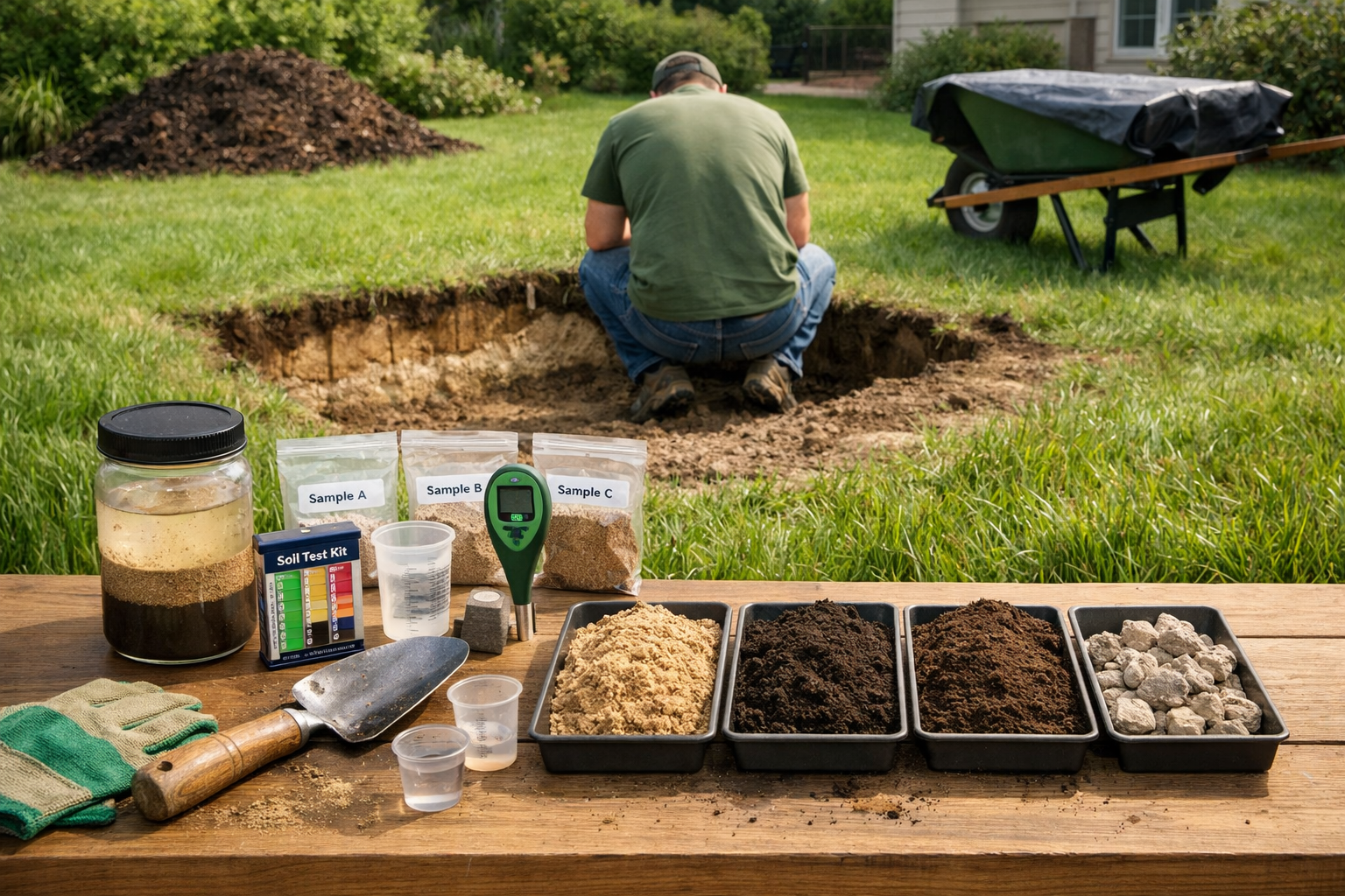 Homeowner tests sandy lawn soil beside tools, layered jar, and soil samples for loam soil for grass.