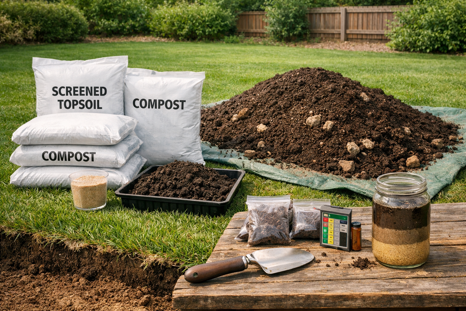 Bagged topsoil and compost beside a bulk pile, soil test tools, and rooted lawn edge demonstrating loam soil for grass.