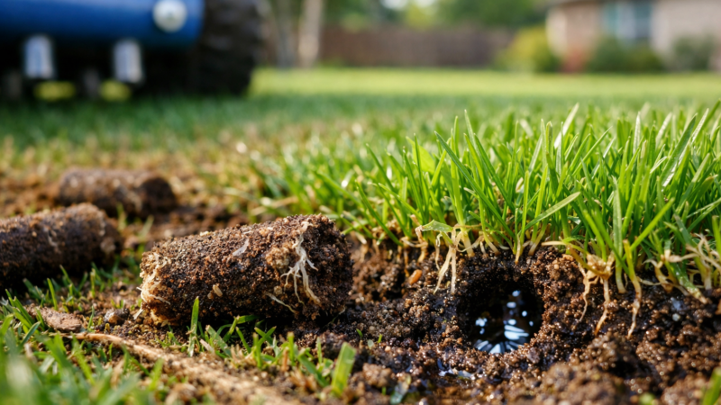 Macro view of fresh soil plugs, roots, and water-filled holes in healthy grass, illustrating yard aeration benefits.