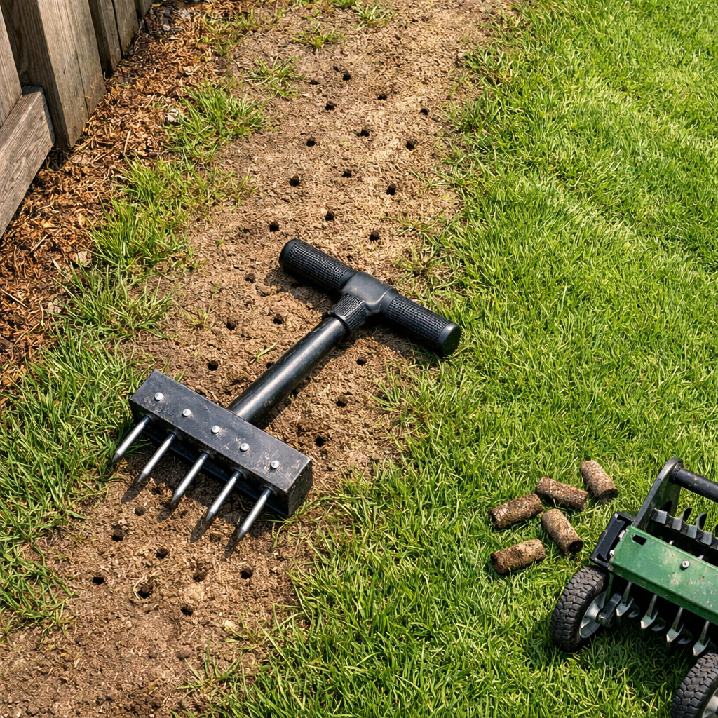 Handheld spike aerator punctures a lightly worn lawn strip, illustrating yard aeration benefits beside a mailbox path.