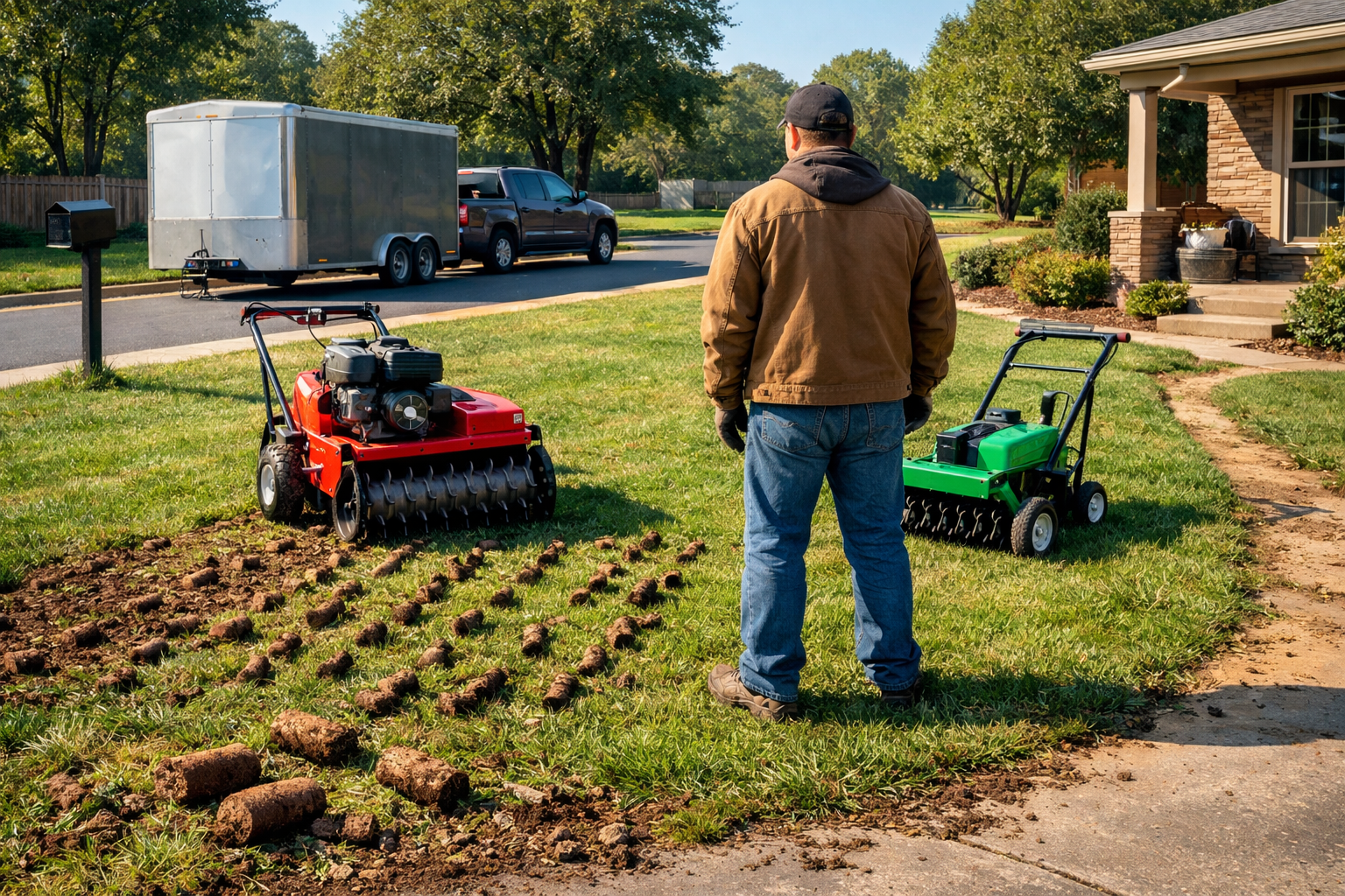 Homeowner compares core and spike aerators beside fresh soil plugs, illustrating yard aeration benefits in a suburban lawn.