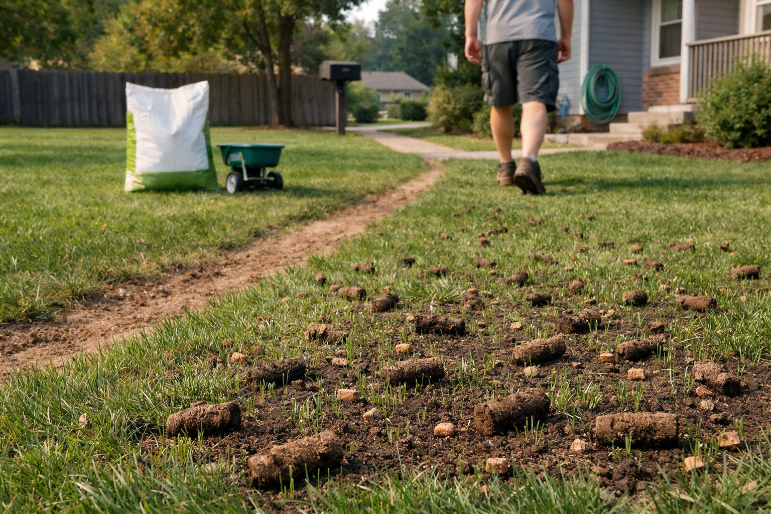 Suburban lawn after aeration, with soil plugs and seedlings showing yard aeration benefits; homeowner walks toward a sidewalk.