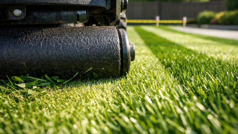 Mower roller presses crisp stripes into sunlit turf; measuring guides align the lanes, illustrating how to stripe a yard