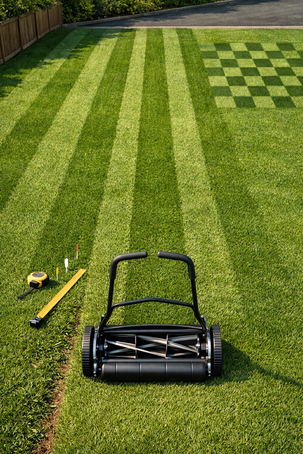 Reel mower aligned on striped lawn, with checkerboard section, measuring tape, and guides showing how to stripe a yard