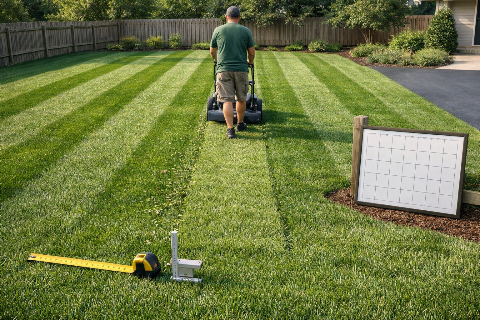 Homeowner mows crisp lawn stripes with a roller mower, measuring grass height to show how to stripe a yard.