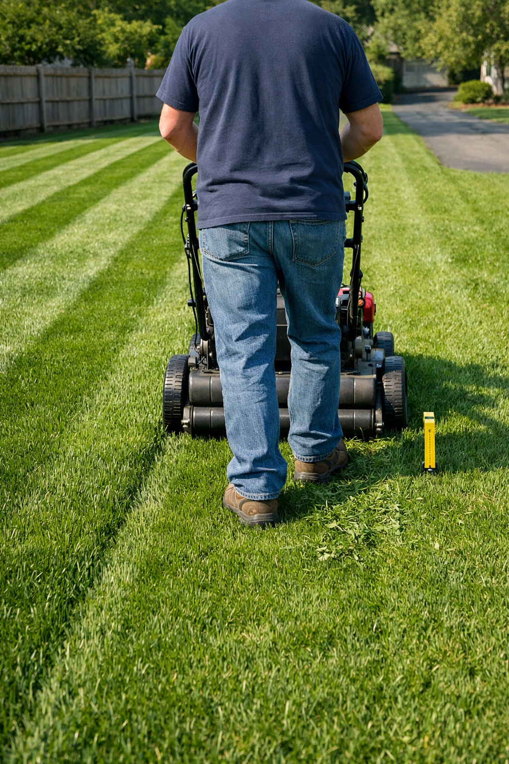 Homeowner mows crisp alternating stripes on a residential lawn, demonstrating how to stripe a yard with a roller mower.