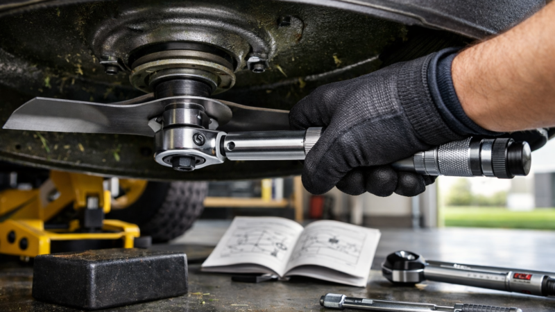 Gloved hand uses a torque wrench on a detached lawn mower blade beneath a supported deck in a tidy garage.