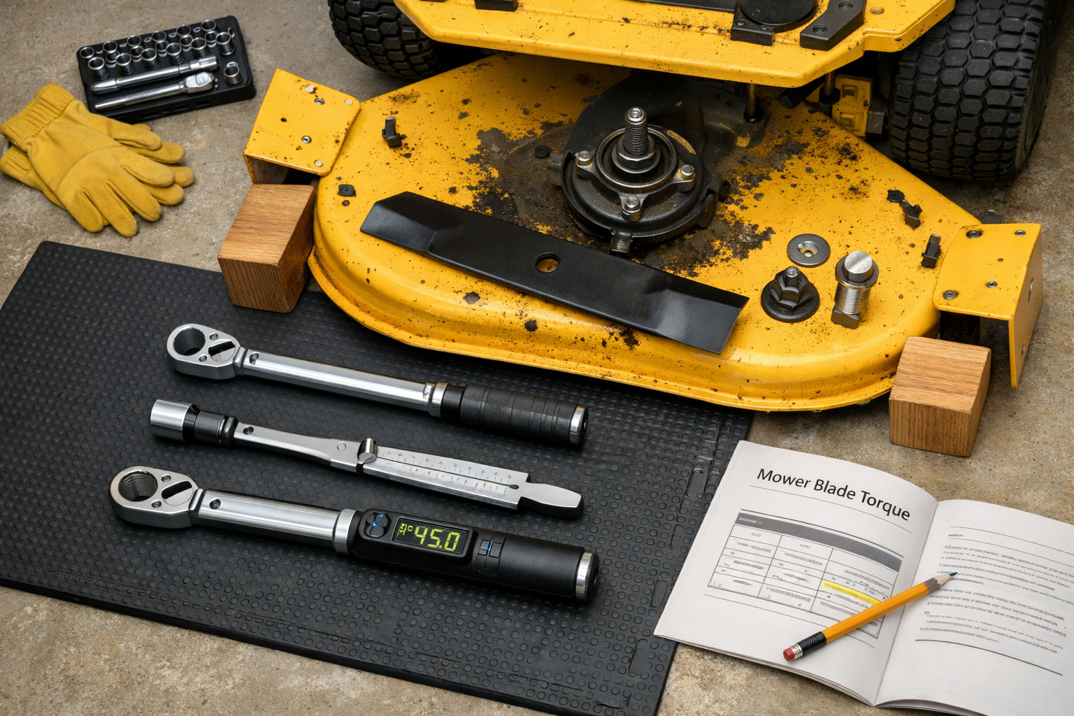Overhead garage workspace comparing torque wrench types for a lawn mower blade, deck, hardware, manual, gloves, and blocks.