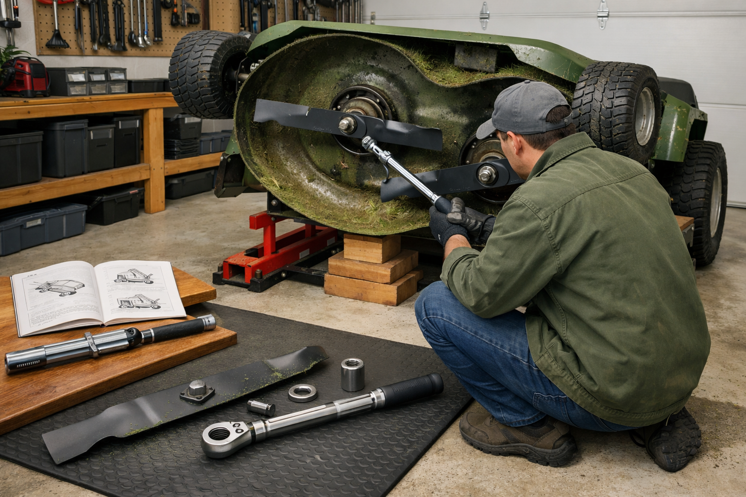 Homeowner uses a torque wrench lawn mower blade on a raised mower deck, with tools, safety blocks, and manual in a garage workshop.