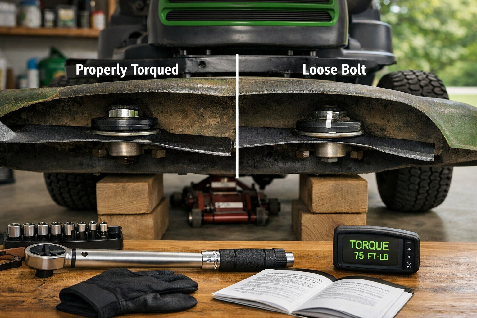 Raised mower deck with blade and spindle, torque wrench lawn mower blade, tools, and split correct-versus-loose bolt comparison.