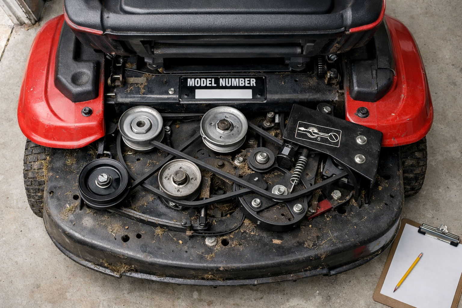Overhead Craftsman riding mower with seat lifted, belt path and pulleys visible beside the MODEL NUMBER plate—craftsman riding mower drive belt diagram
