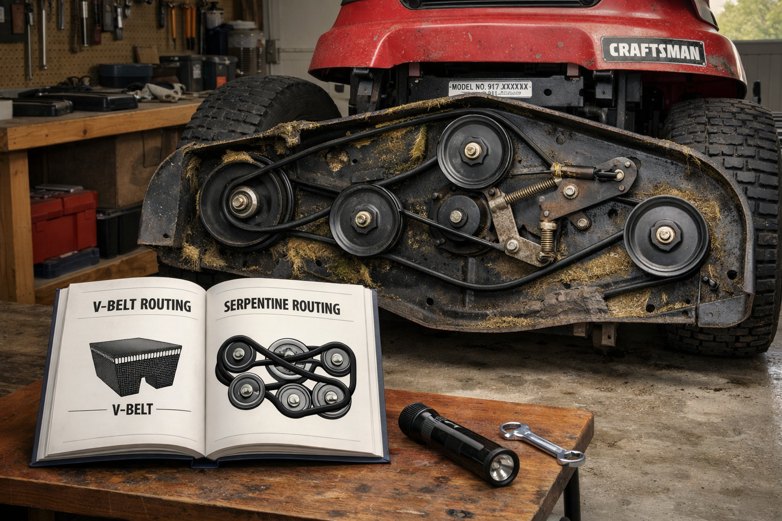 Craftsman riding mower with raised deck, exposed drive belt and pulleys beside a service manual showing belt routing diagrams.