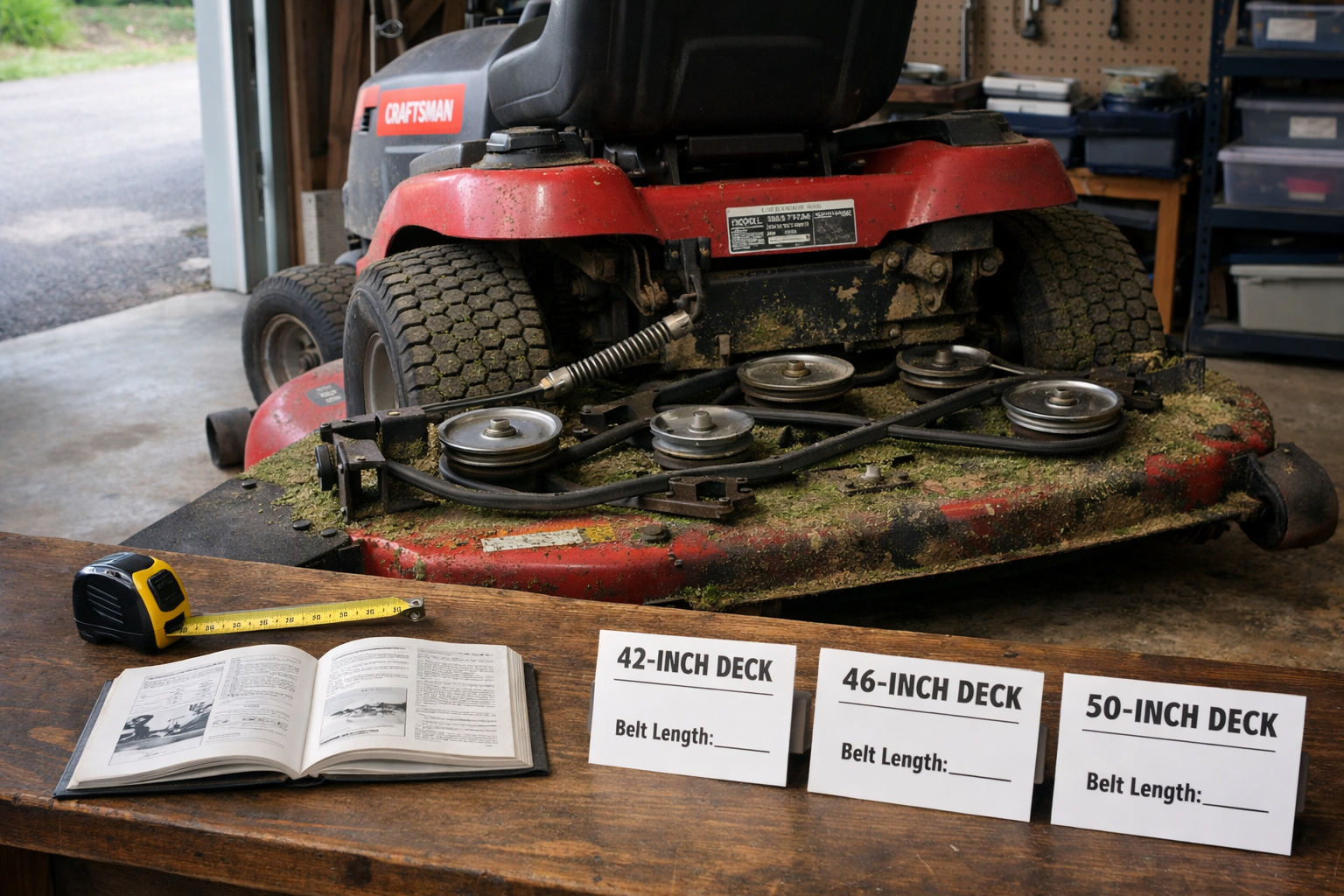 Craftsman riding mower drive belt diagram with installed belt, lowered deck, pulleys, and 42-, 46-, and 50-inch size cards.