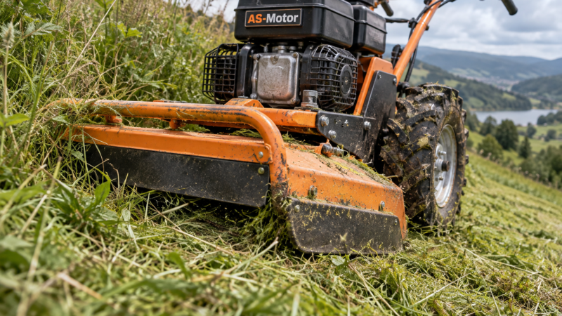 Orange-and-charcoal two cycle lawn mower cutting a steep, uneven hillside, with clippings beneath its rugged steel deck.