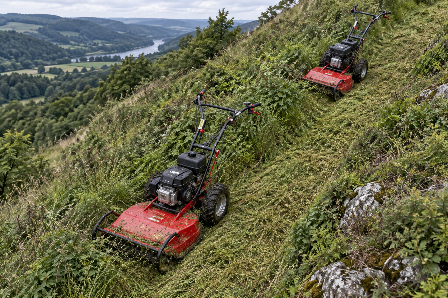 Two AS-Motor brush mowers, including a two cycle lawn mower, cut a narrow strip through rough grass on a steep hillside.