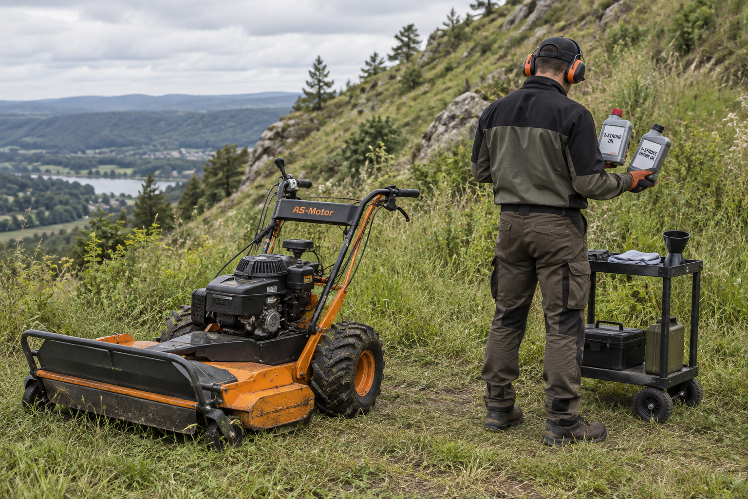 Groundskeeper checks labeled oil beside a two cycle lawn mower on a rugged hillside mowing site.
