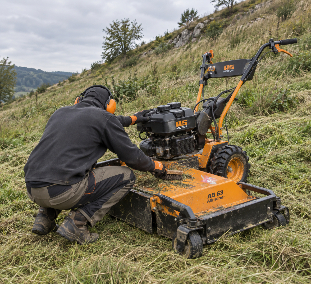A groundskeeper brushes grass from an orange AS-Motor two cycle lawn mower beside a steep, rough grassy hillside.