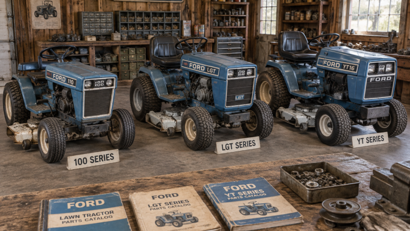 Three vintage Ford lawn mower tractorsu2014100 Series, LGT, and YTu2014lined up with labeled placards in a tidy workshop.